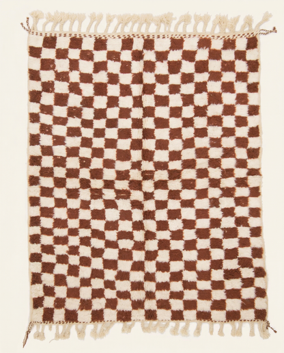 Plush cream and chocolate brown Beni Ourain Moroccan rug with a bold all-over checker grid and high pile, by NURA.