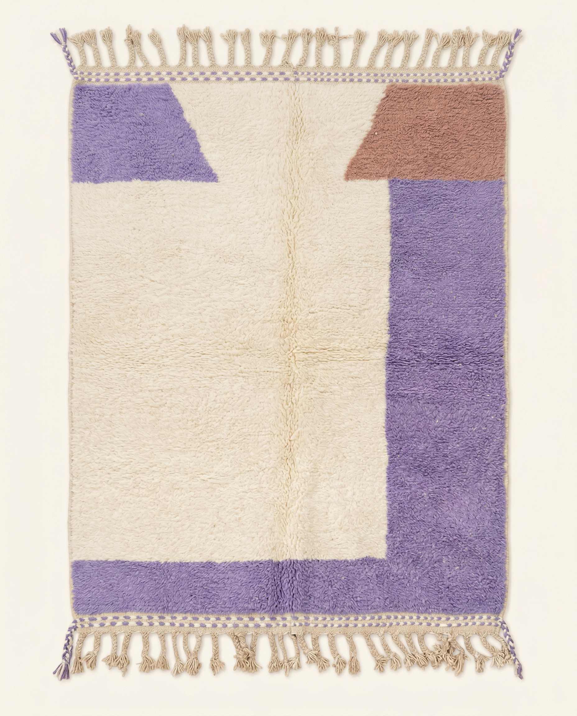 Plush ivory Beni Ourain Moroccan rug with a thick lavender solid border and geometric wedges, by NURA.