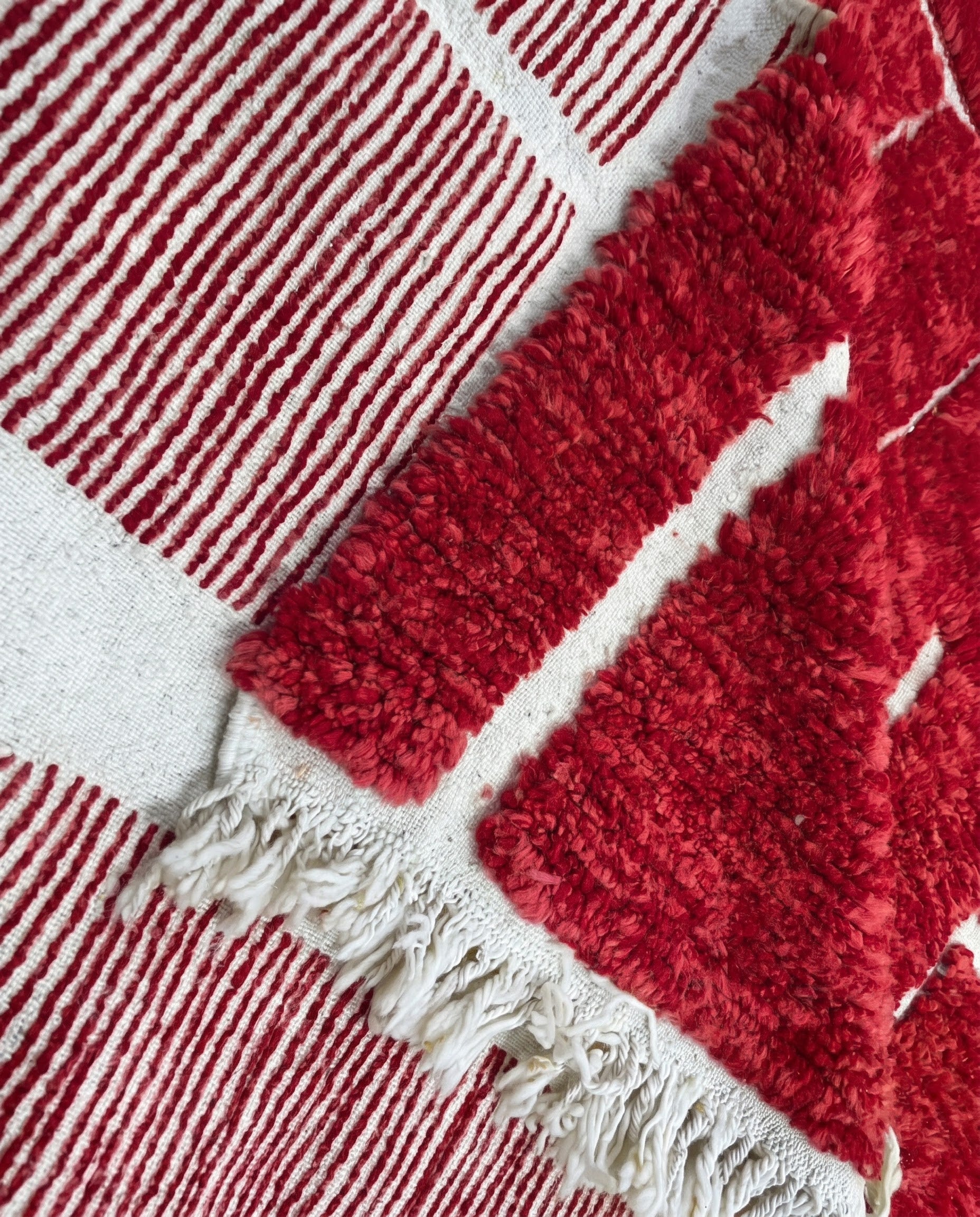 FATIMA Beni Ourain crimson organic abstract Moroccan rug back view showing traditional handwoven construction, by NURA
