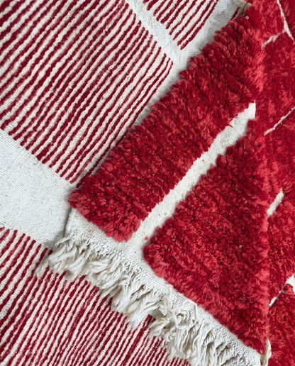 FATIMA Beni Ourain crimson organic abstract Moroccan rug back view showing traditional handwoven construction, by NURA