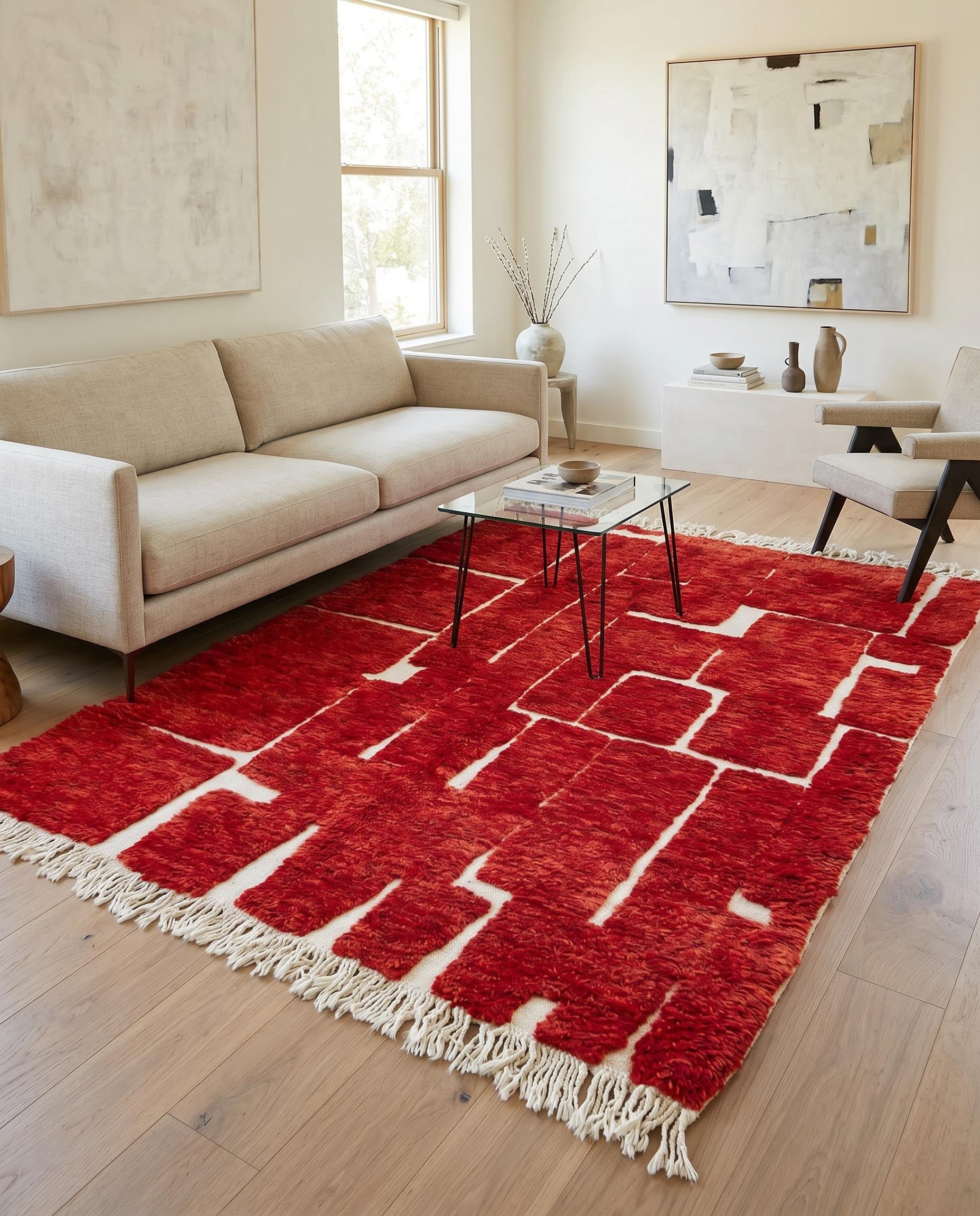 A vibrant red Moroccan rug by NURA with an abstract block pattern, styled in a modern living room with warm natural light.