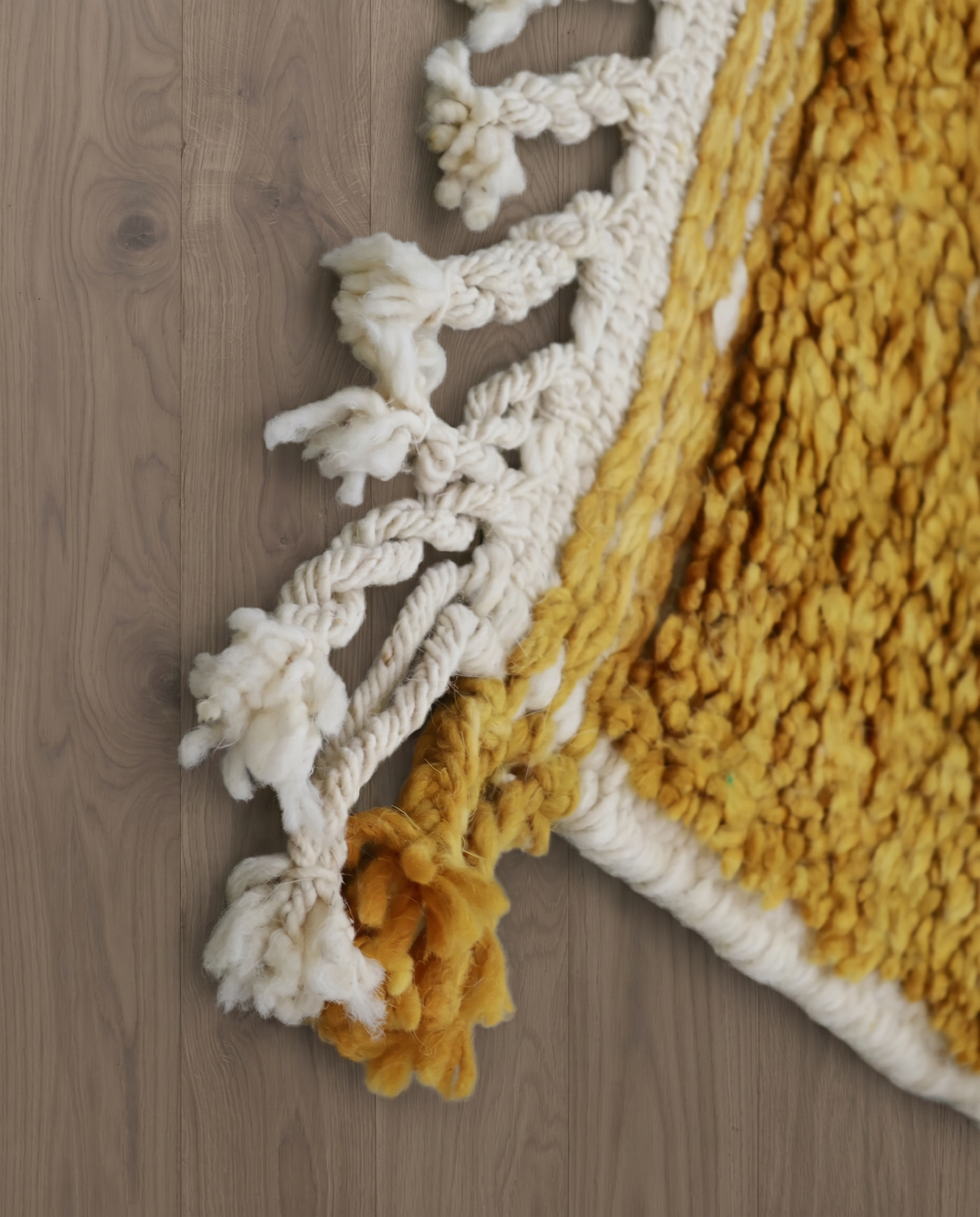 FAWZIA Azilal mustard organic abstract Moroccan rug close-up of hand-tied fringe and kilim band detail, by NURA