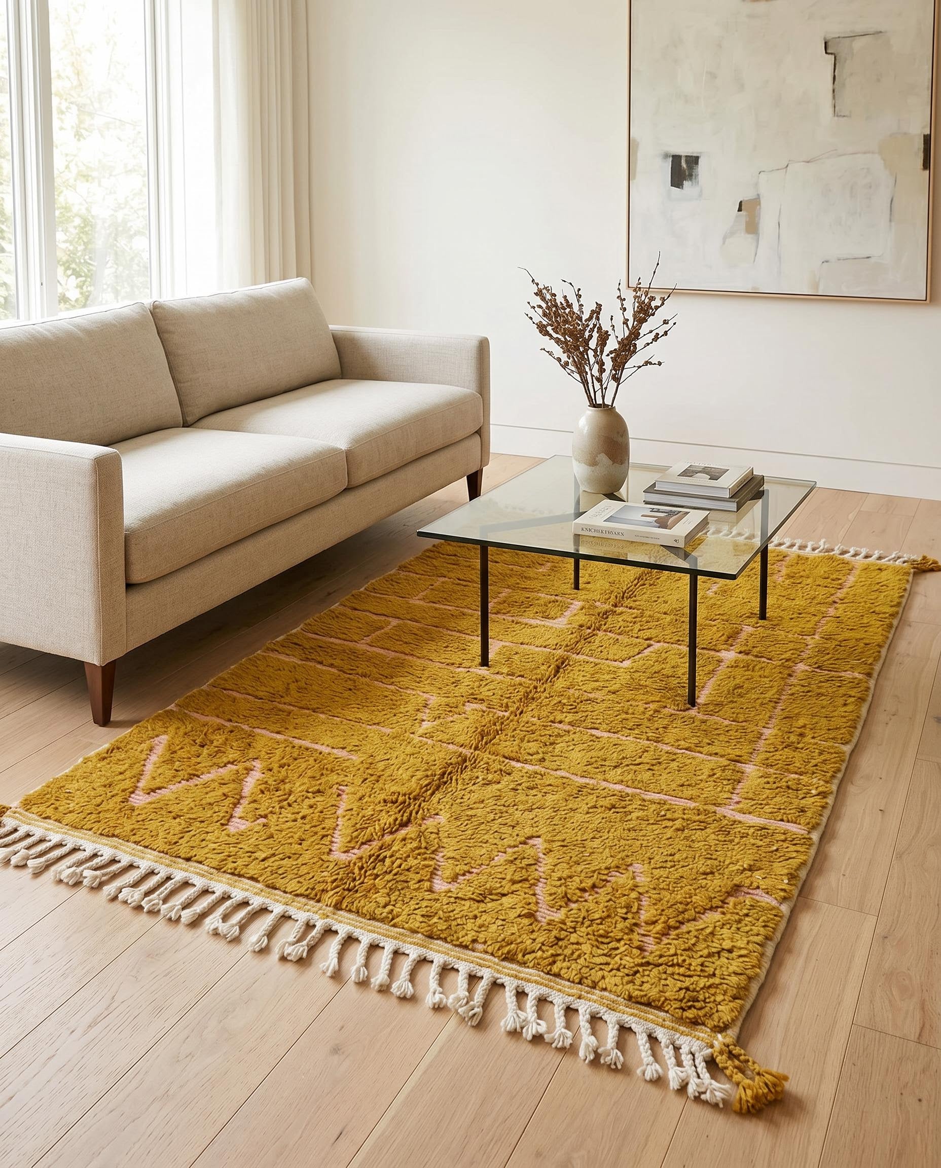 A plush mustard yellow Moroccan Azilal rug with pink geometric patterns styled in a bright, contemporary living room by NURA.