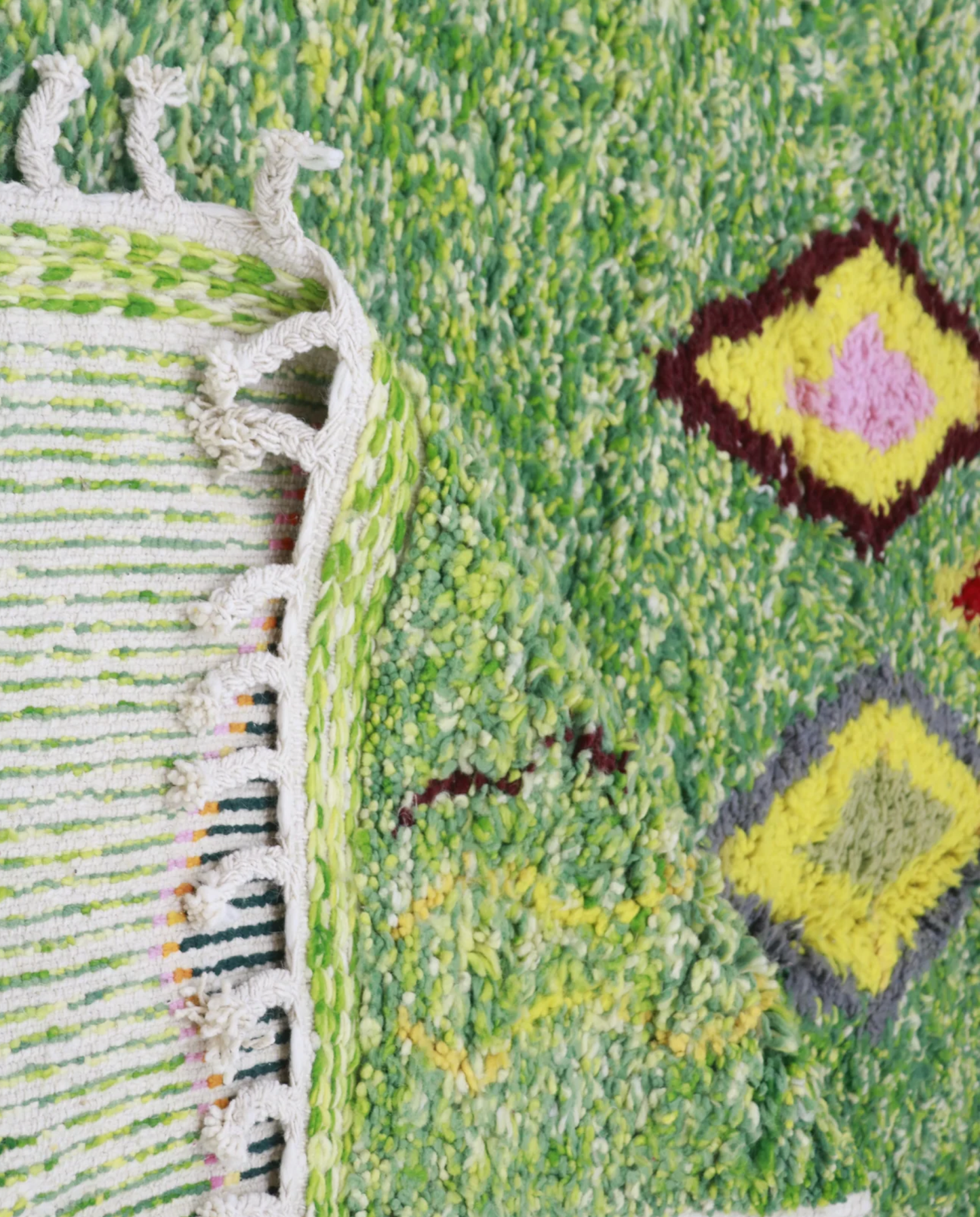 FELLA Azilal green organic abstract Moroccan rug back view showing traditional handwoven construction, by NURA