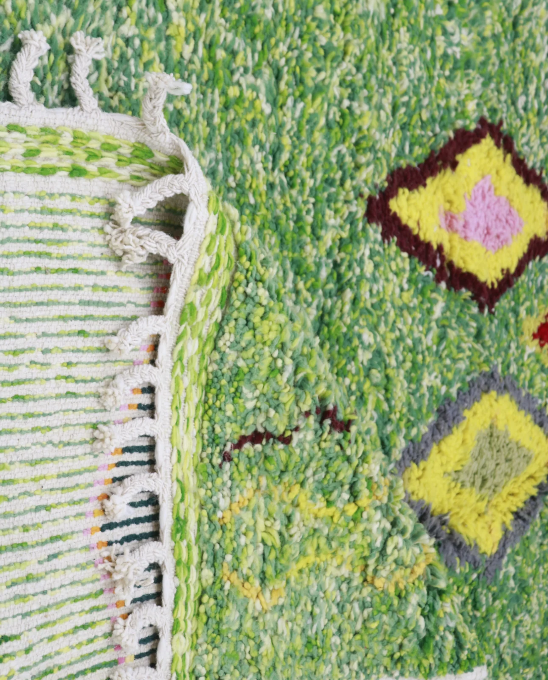 FELLA Azilal green organic abstract Moroccan rug back view showing traditional handwoven construction, by NURA