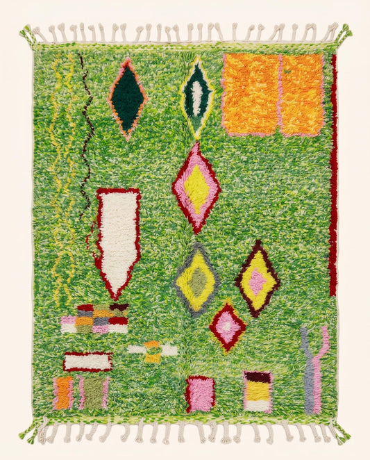 Vibrant green Azilal Moroccan rug by NURA featuring abstract floating diamond and block motifs in pink, yellow, and white wool.
