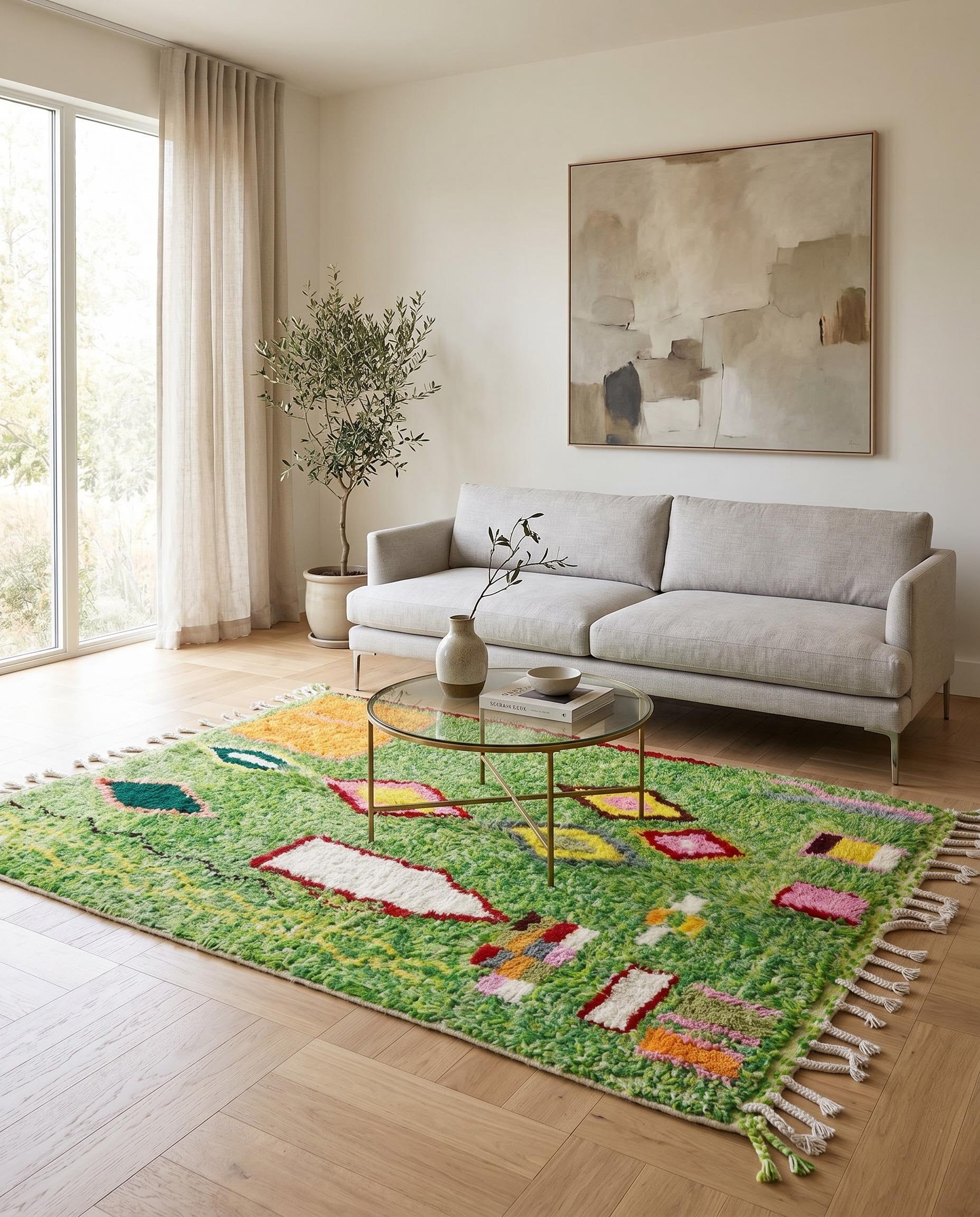 Vibrant green Moroccan area rug with colorful abstract motifs styled in a modern living room setting by NURA.