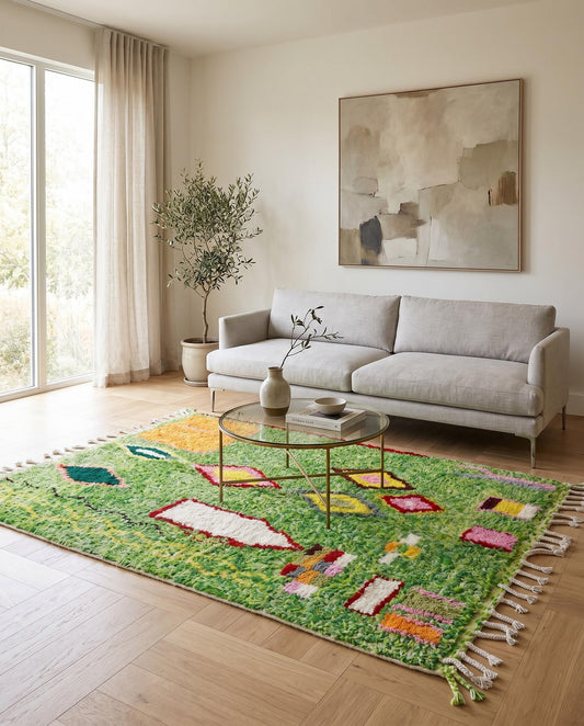 Vibrant green Moroccan area rug with colorful abstract motifs styled in a modern living room setting by NURA.