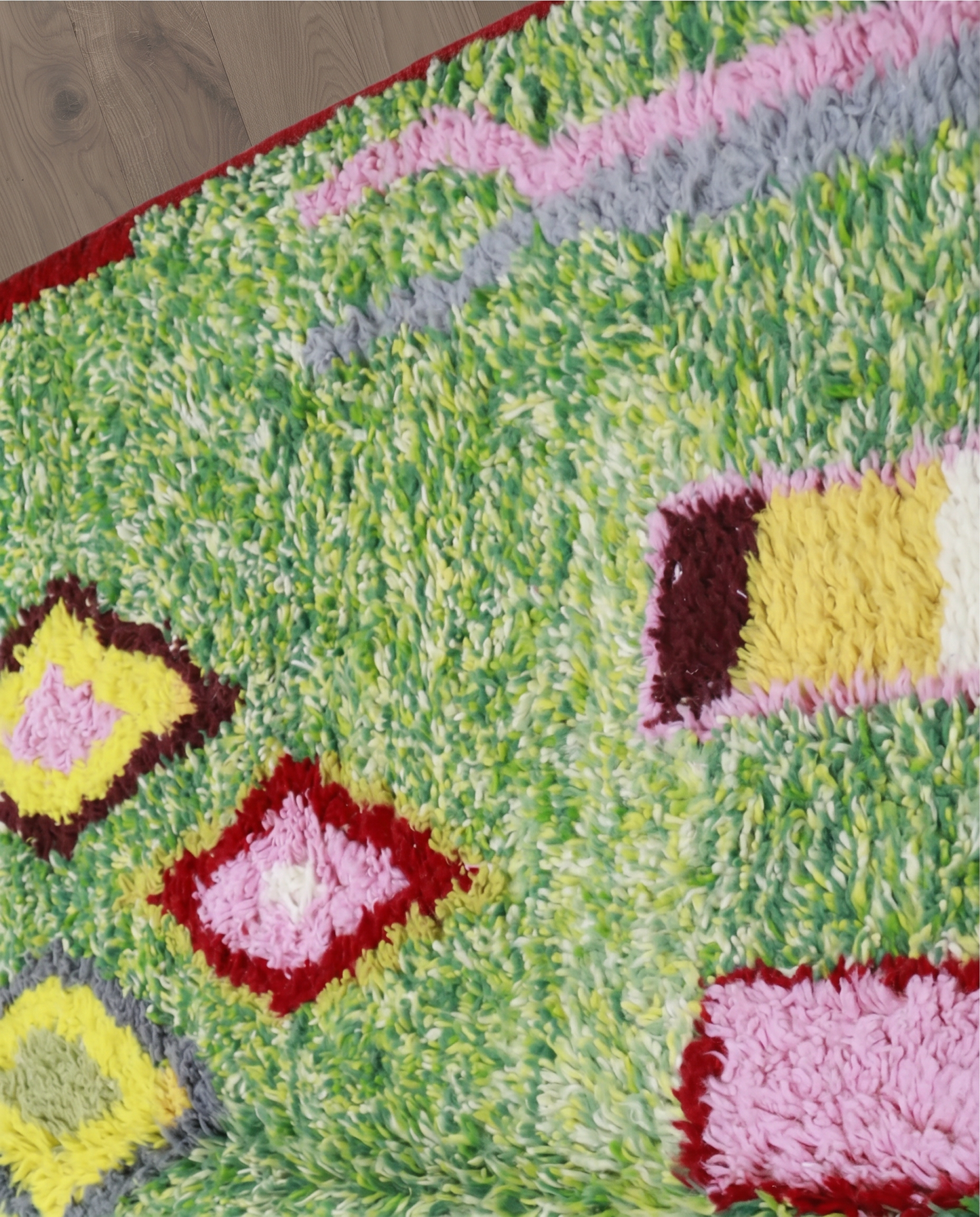 FELLA Azilal green organic abstract Moroccan rug close-up showing hand-knotted wool texture and pile detail 2, by NURA