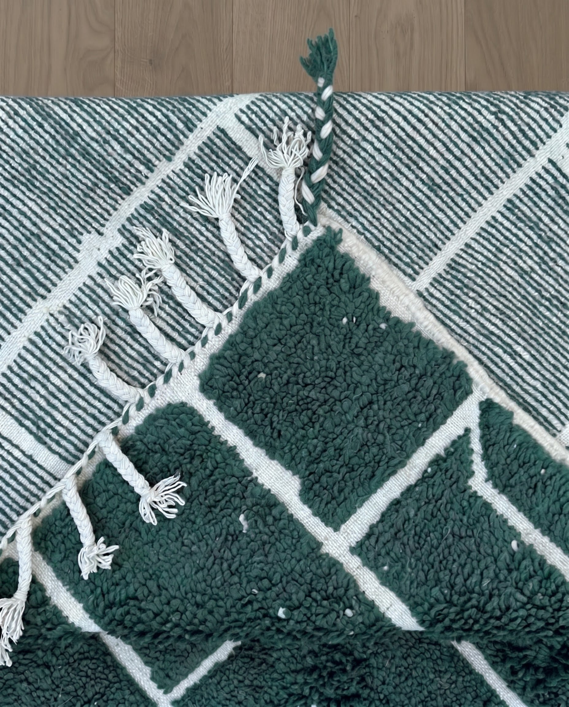 FIDA Beni Ourain forest green checker grid Moroccan rug back view showing traditional handwoven construction, by NURA