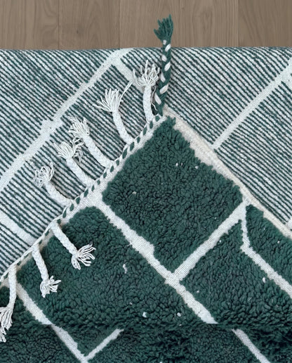 FIDA Beni Ourain forest green checker grid Moroccan rug back view showing traditional handwoven construction, by NURA