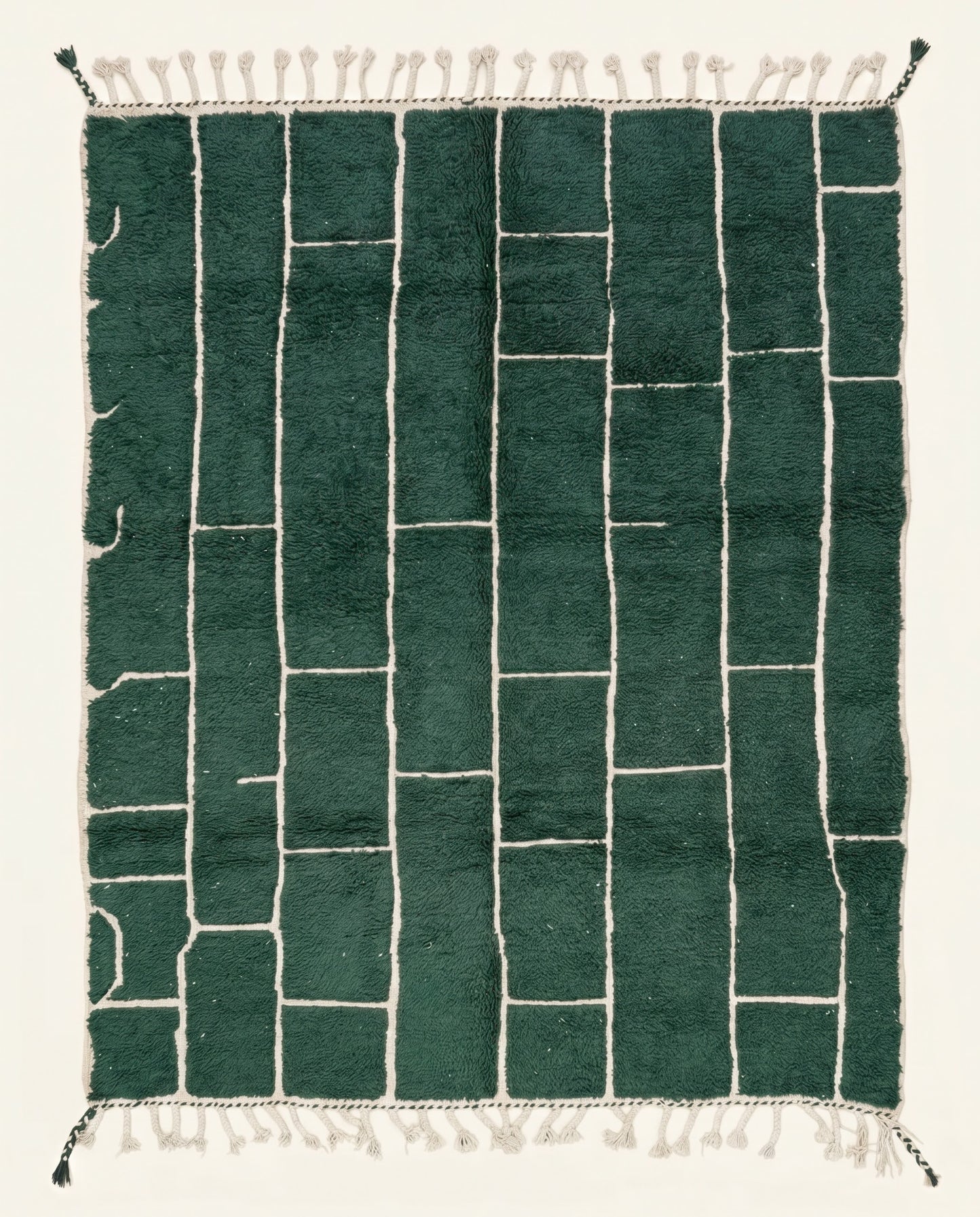 Hand-knotted deep forest green Moroccan rug featuring an irregular cream checker grid pattern in plush wool pile by NURA.