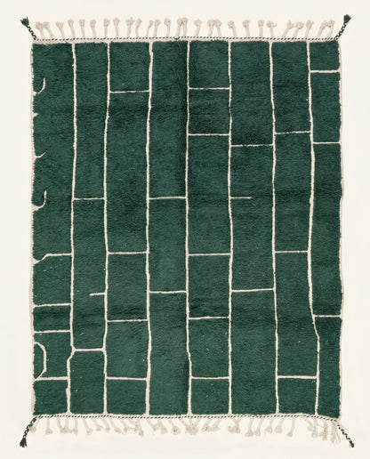 Hand-knotted deep forest green Moroccan rug featuring an irregular cream checker grid pattern in plush wool pile by NURA.