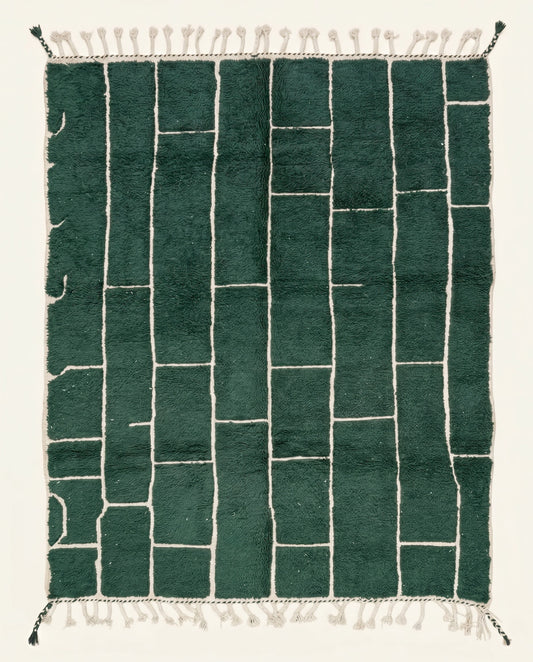 Hand-knotted deep forest green Moroccan rug featuring an irregular cream checker grid pattern in plush wool pile by NURA.