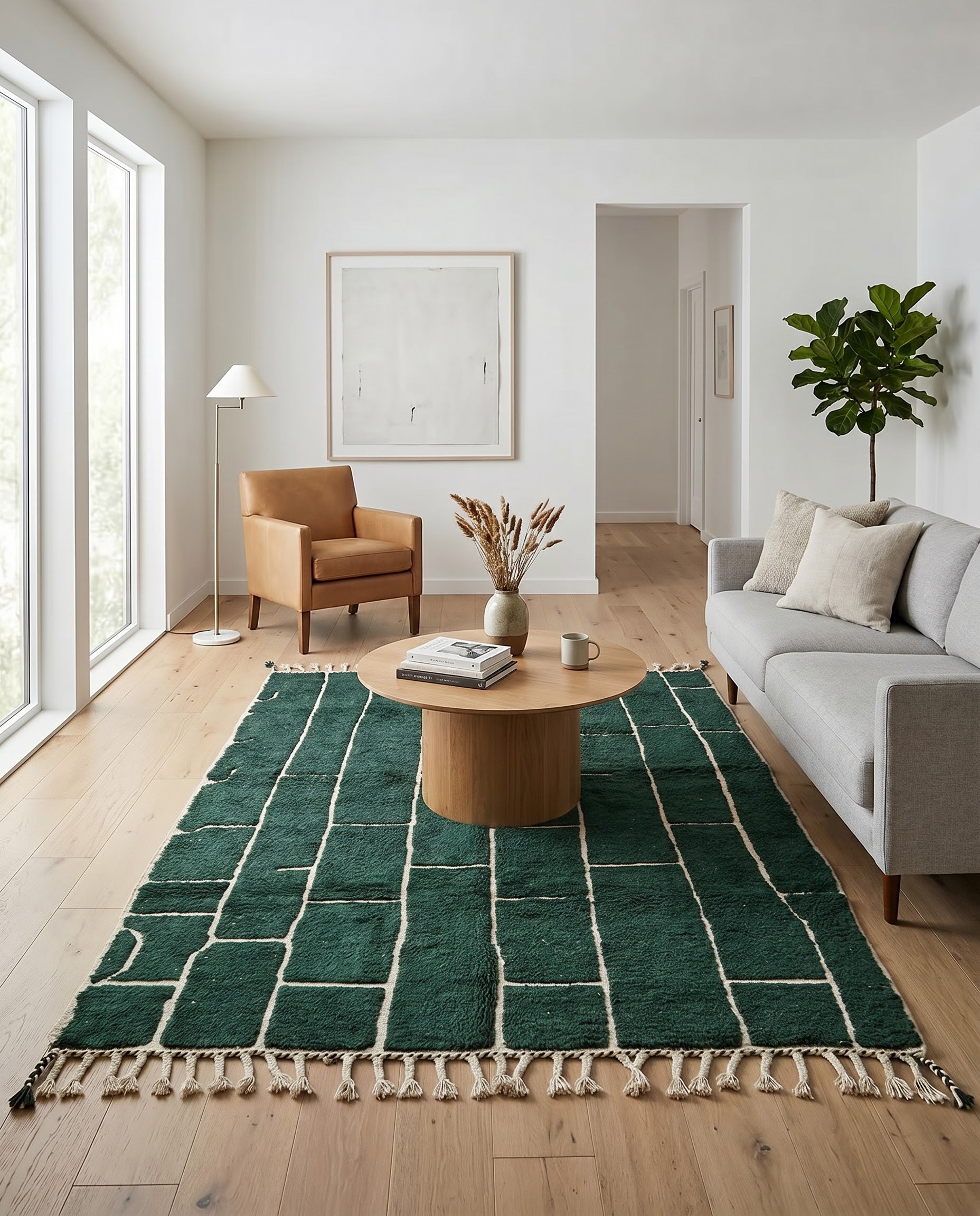 Deep green checker grid Moroccan rug styled in a modern living room with a grey sofa, leather chair, and wood table by NURA.