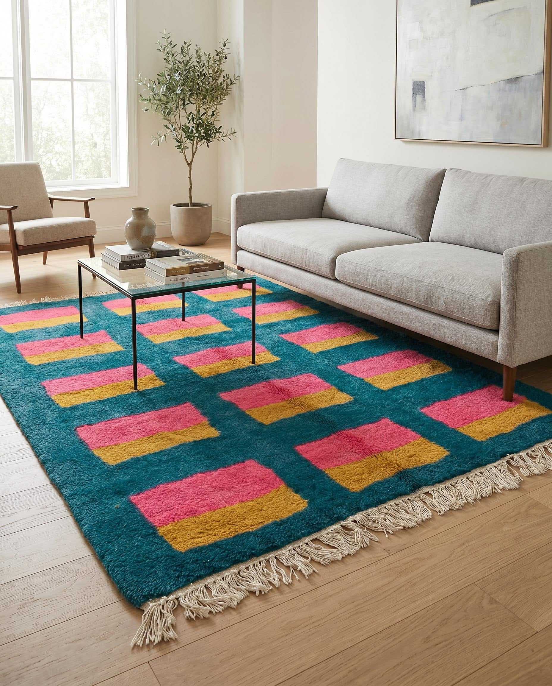 A colorful Moroccan wool rug with a teal, pink, and mustard geometric grid styled in a bright contemporary living room by NURA.