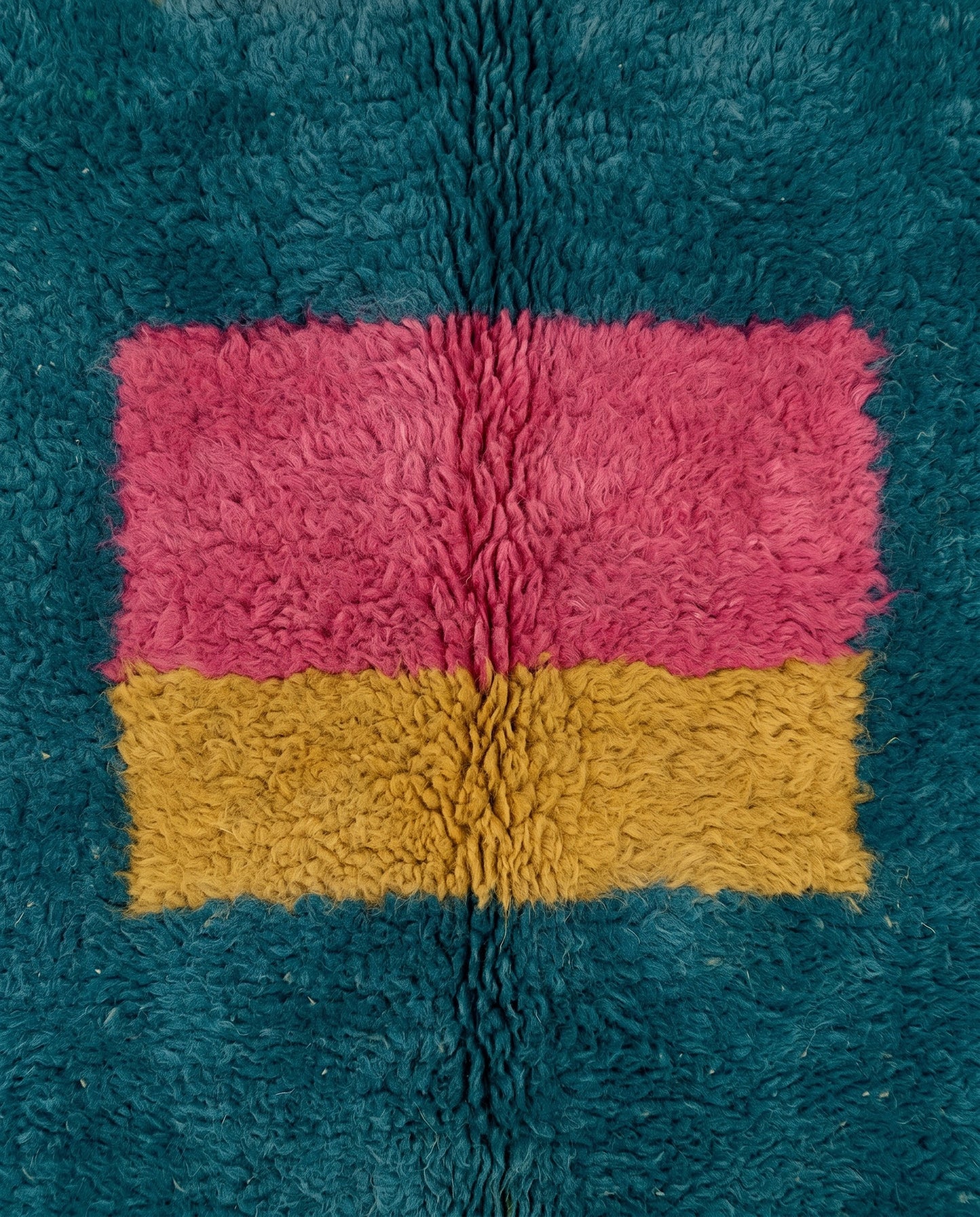 GHALIA Mrirt teal color block grid Moroccan rug close-up showing hand-knotted wool texture and pile detail, by NURA