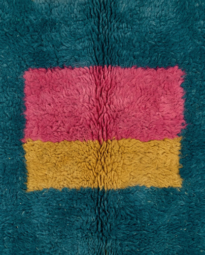 GHALIA Mrirt teal color block grid Moroccan rug close-up showing hand-knotted wool texture and pile detail, by NURA
