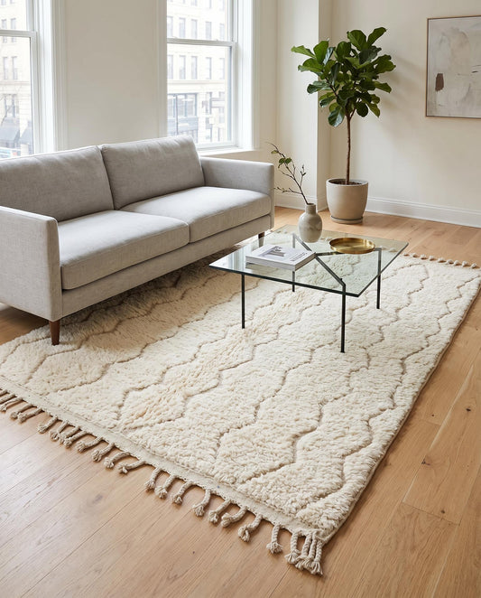A carved cream Beni Ourain Moroccan rug styled in a bright, minimalist living room with natural wood accents, by NURA.