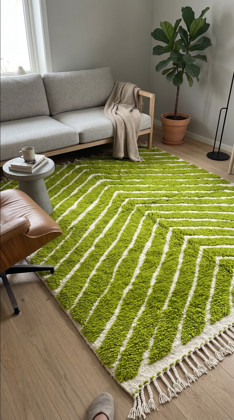 Green Moroccan wool rug with raised cream chevron lines and fringes styled in a minimal living room with a grey sofa, leather chair, plant, and wood flooring.