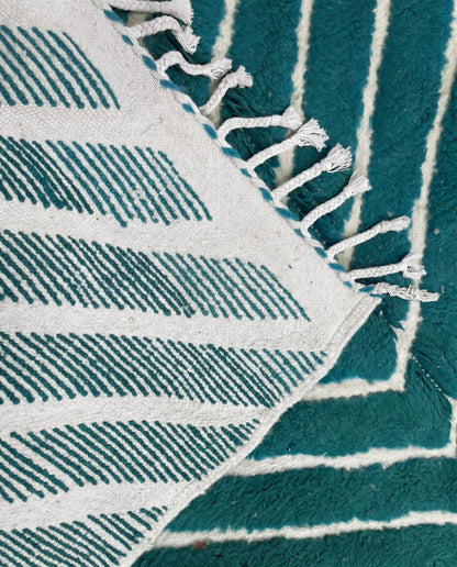 HAFIDA Beni Ourain teal chevron stripes Moroccan rug back view showing traditional handwoven construction, by NURA