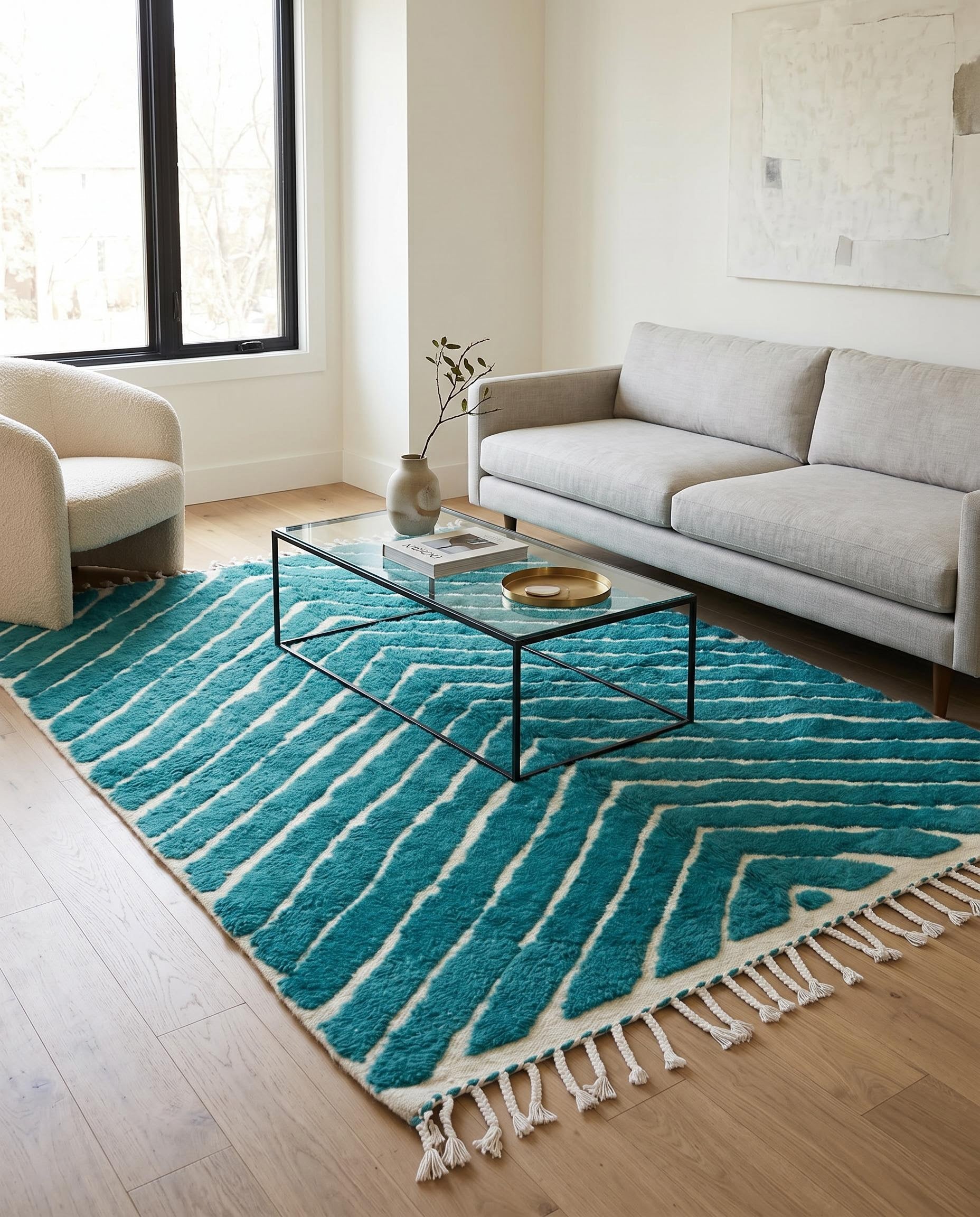 A plush teal Beni Ourain rug featuring bold cream chevron stripes, beautifully styled in a modern living room by NURA.
