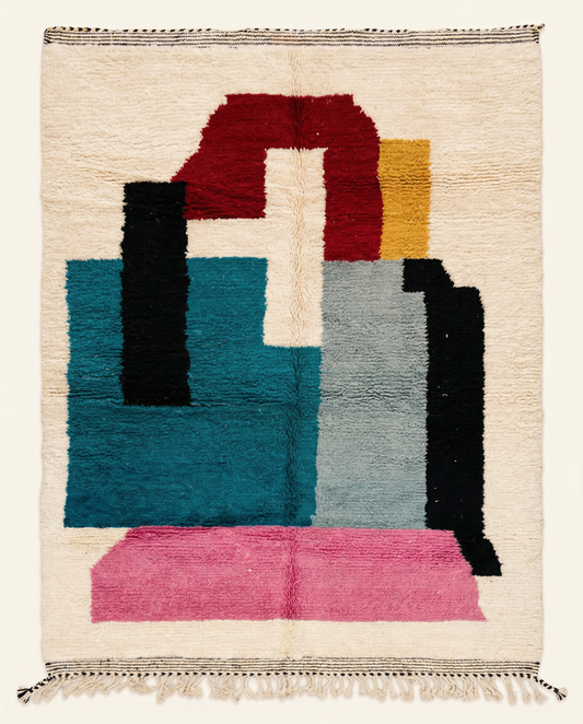 Plush ivory Beni Ourain Moroccan rug with bold abstract color blocks in teal, pink, and black, by NURA.
