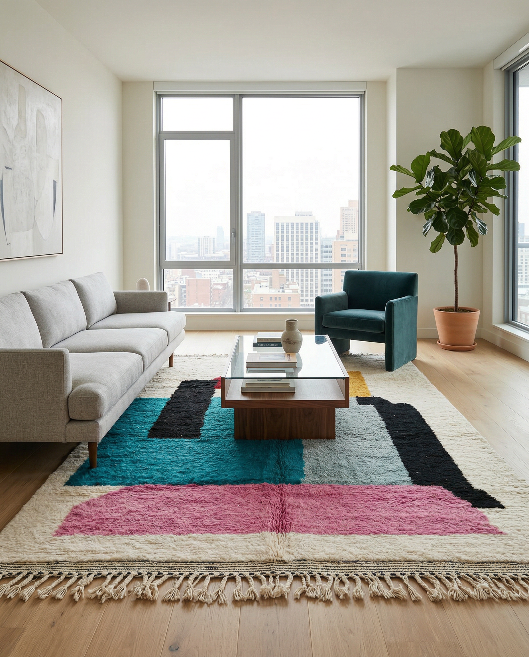 Bold abstract color block Moroccan rug standing in a bright, minimalist setting with a green plant, by NURA.