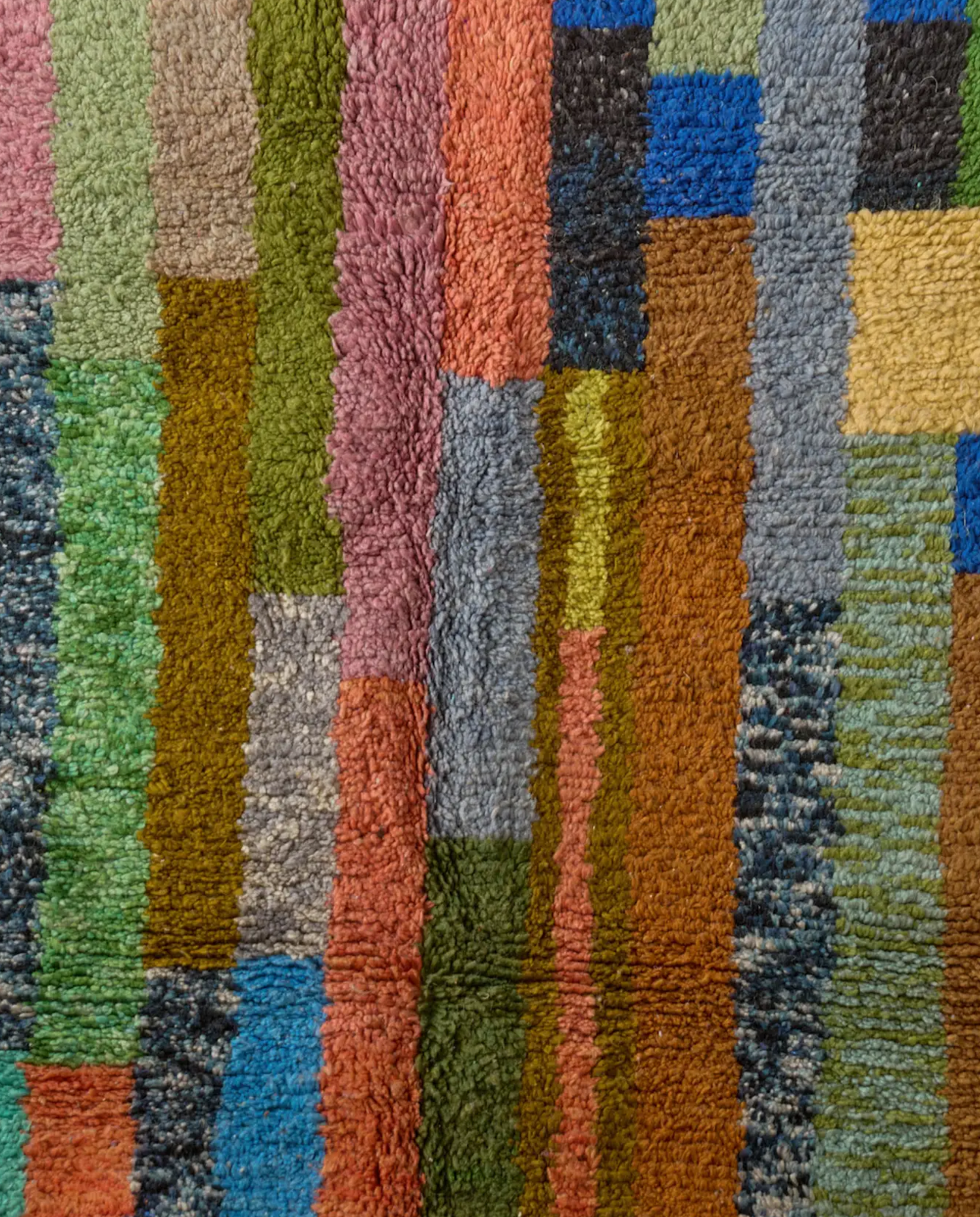 HALA Azilal olive abstract color block Moroccan rug close-up showing hand-knotted wool texture and pile detail, by NURA