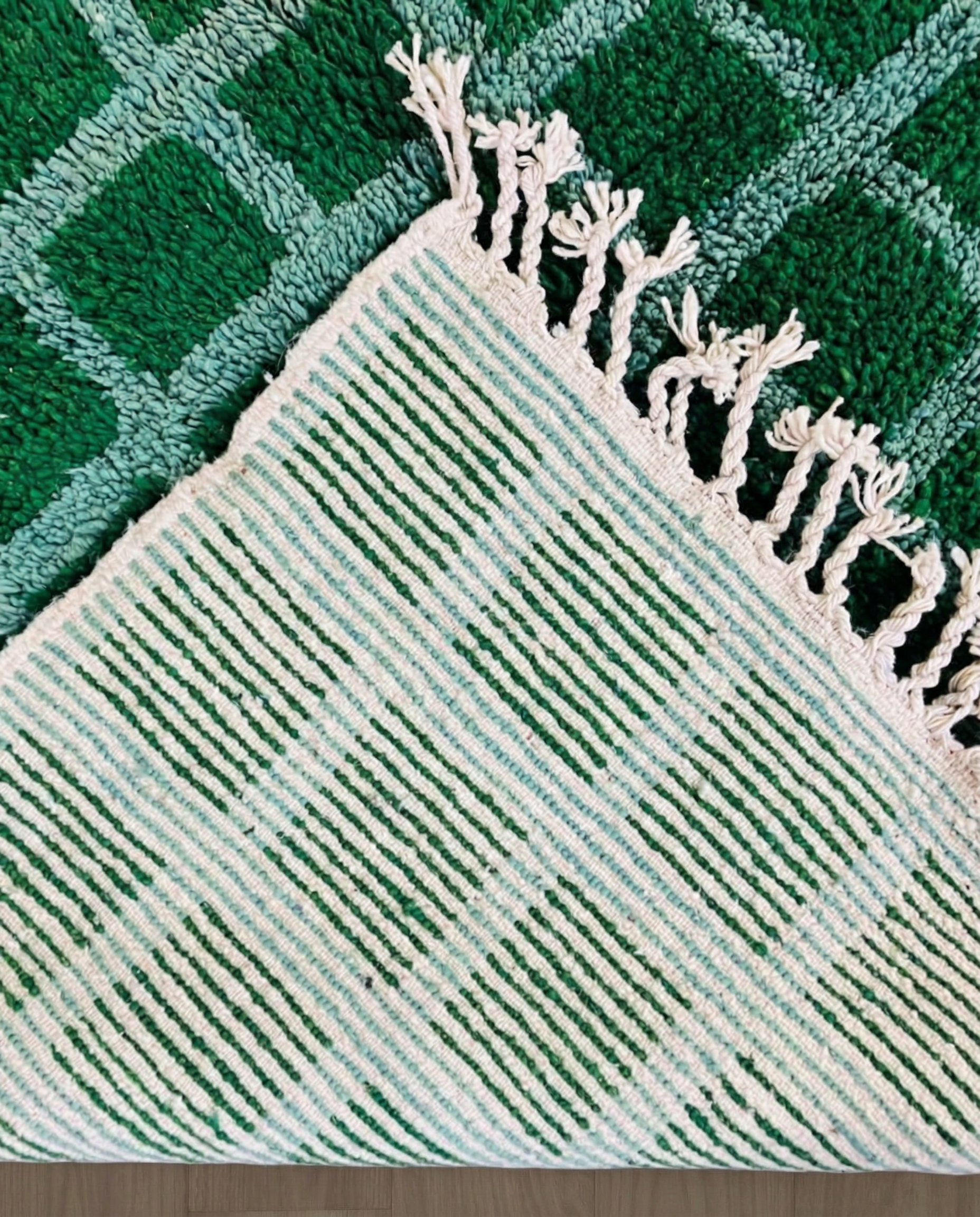 HALIMA Beni Ourain emerald checker grid Moroccan rug back view showing traditional handwoven construction, by NURA