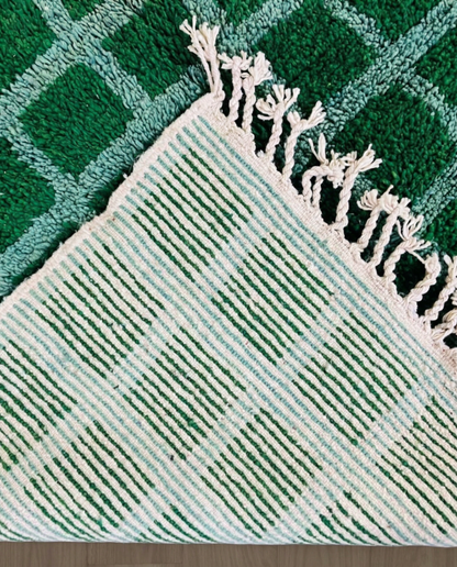 HALIMA Beni Ourain emerald checker grid Moroccan rug back view showing traditional handwoven construction, by NURA