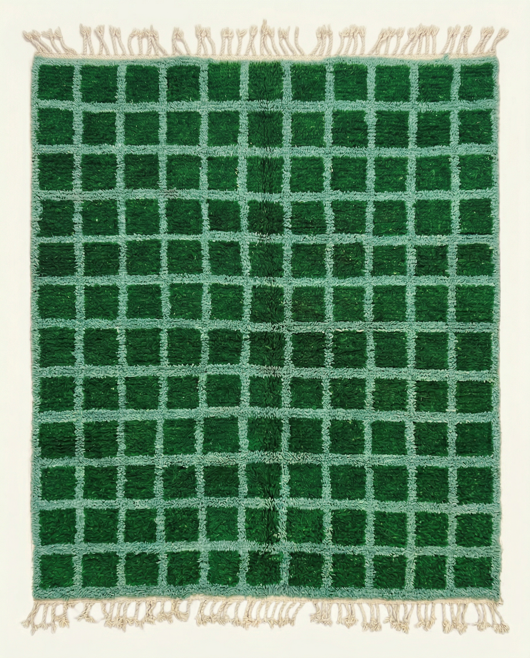 Plush emerald green Beni Ourain Moroccan rug with a bold mint checker grid and high pile, by NURA.