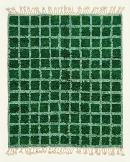 Plush emerald green Beni Ourain Moroccan rug with a bold mint checker grid and high pile, by NURA.