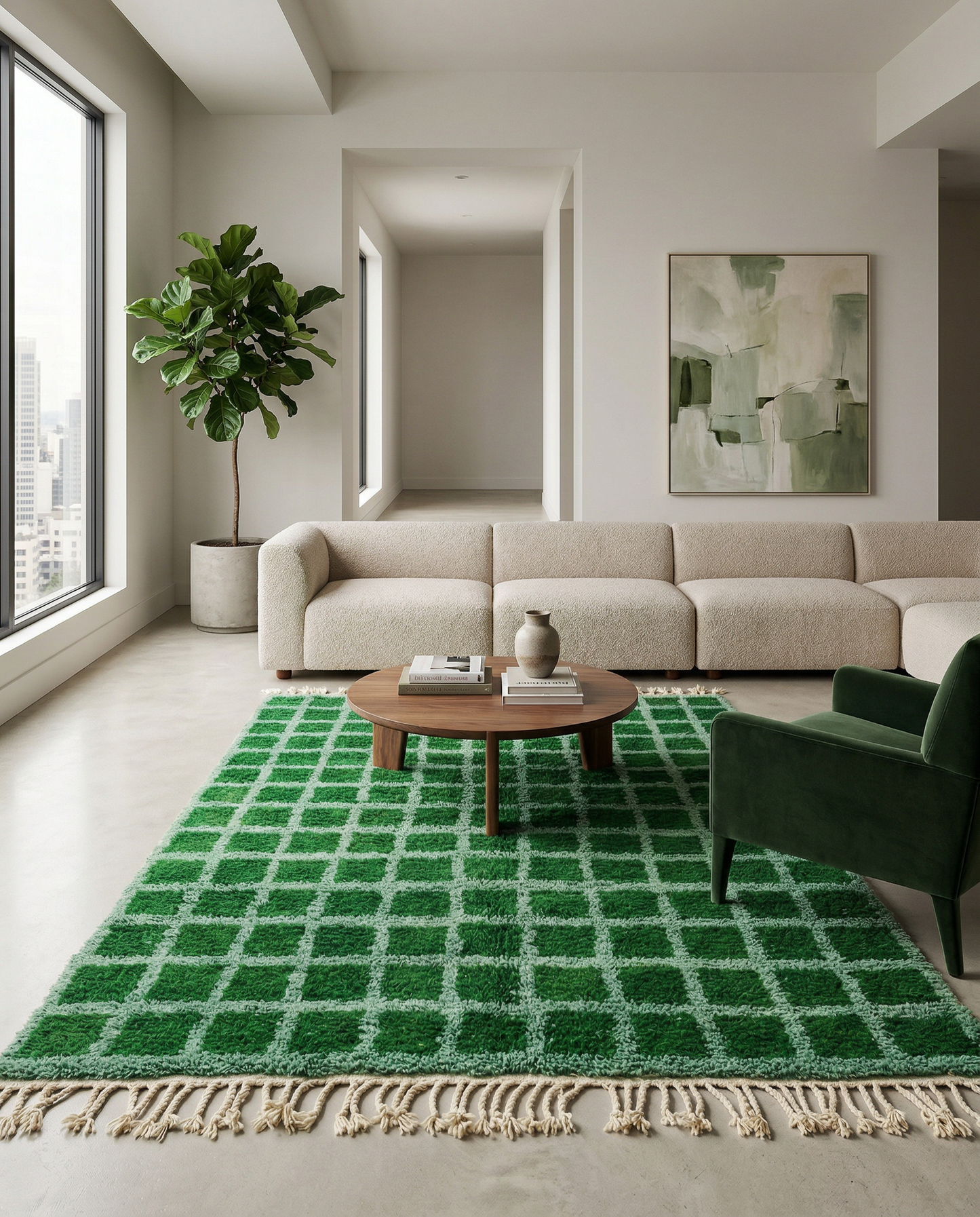 Vibrant emerald green checker grid Moroccan rug in a bright, modern space with a potted plant, by NURA.