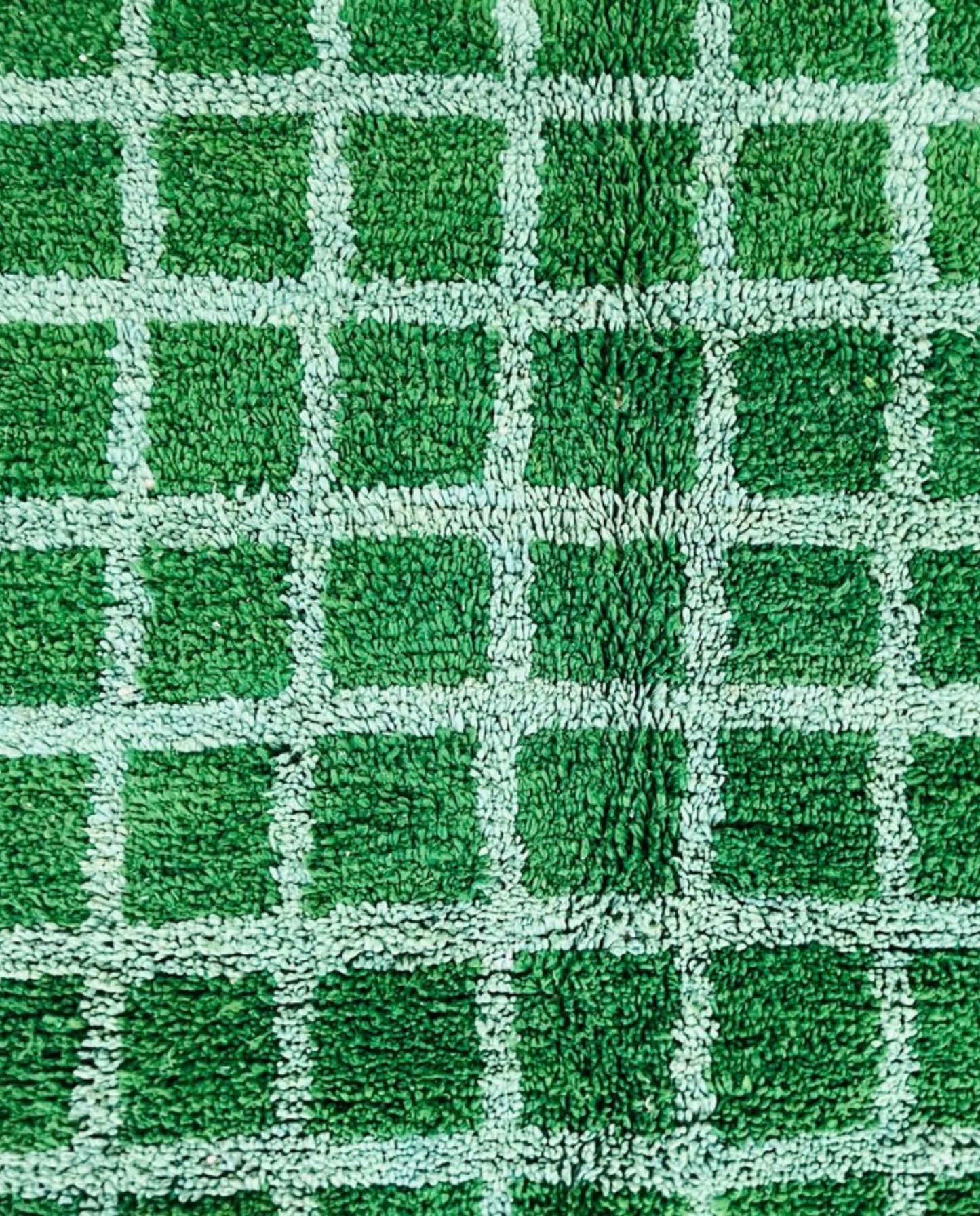 HALIMA Beni Ourain emerald checker grid Moroccan rug close-up showing hand-knotted wool texture and pile detail 1, by NURA