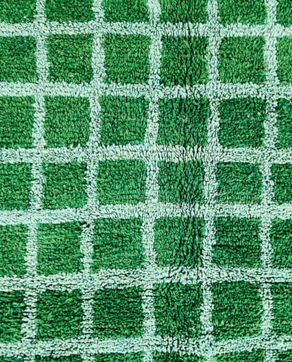 HALIMA Beni Ourain emerald checker grid Moroccan rug close-up showing hand-knotted wool texture and pile detail 1, by NURA