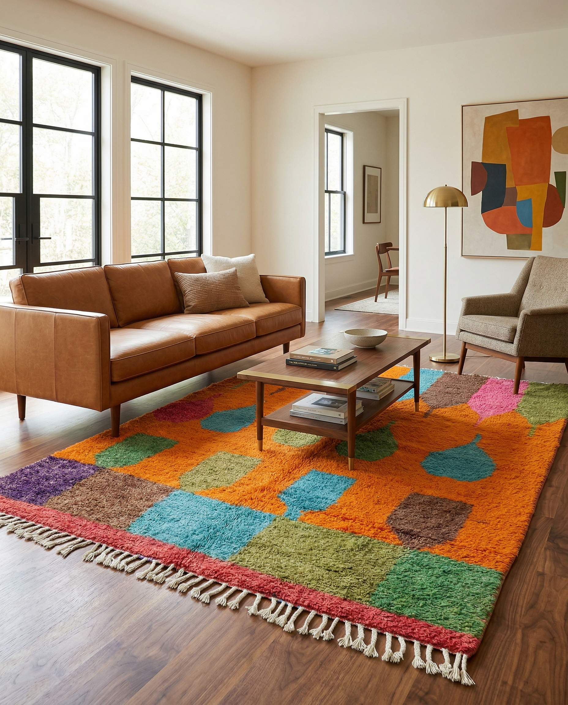 Vibrant orange abstract Moroccan rug with colorful geometric blocks in a bright modern space with a potted plant, by NURA.