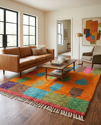 Vibrant orange abstract Moroccan rug with colorful geometric blocks in a bright modern space with a potted plant, by NURA.