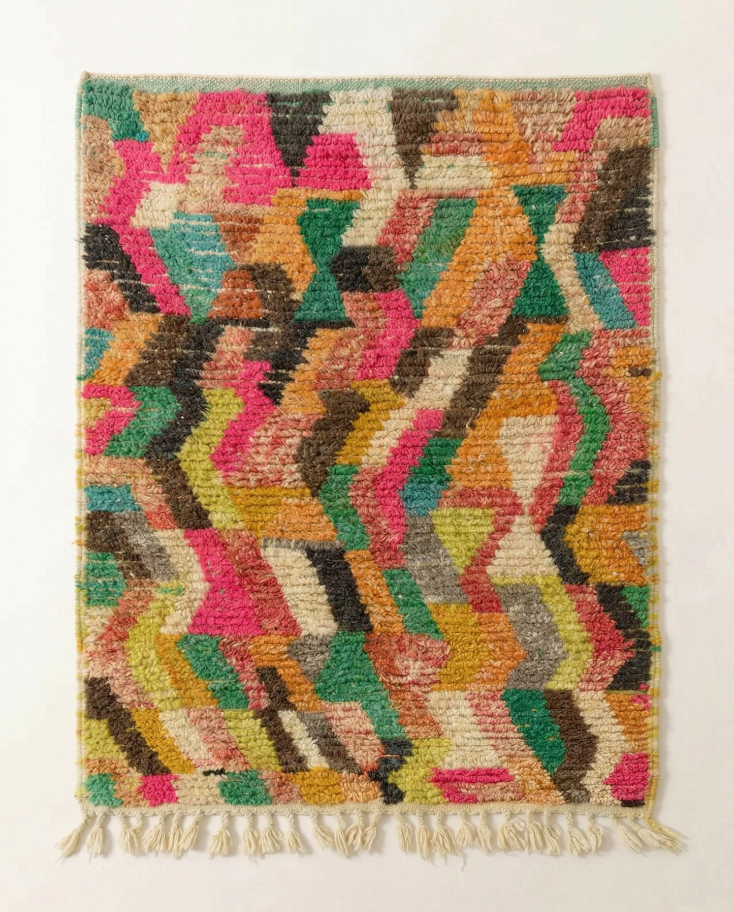 Plush multicolor Azilal Moroccan rug with bold abstract zigzag bands and a thick high pile, by NURA.