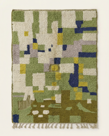 Plush cream Azilal Moroccan rug with scattered abstract color blocks in moss green, cobalt, and mustard, by NURA.