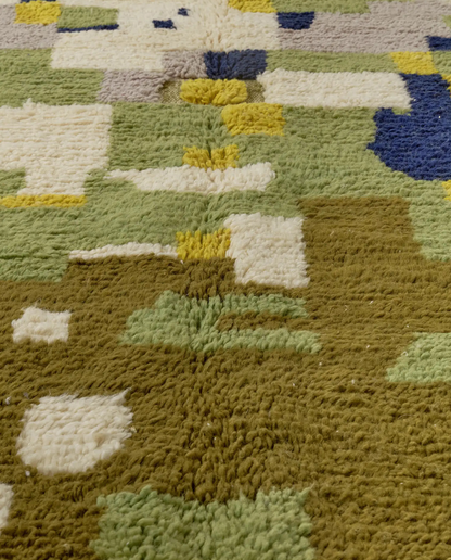 HAYAT Azilal moss green abstract color block Moroccan rug close-up showing hand-knotted wool texture and pile detail 1, by NURA