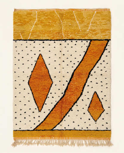 Plush cream Mrirt Moroccan rug with bold orange abstract diamonds, a diagonal band, and scattered black dots, by NURA.