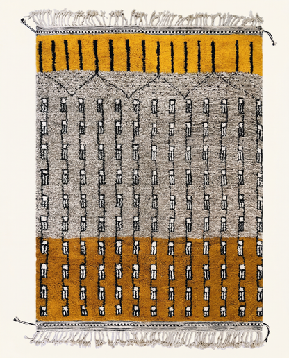 Plush mustard and oat Beni Ourain Moroccan rug with bold vertical geometric chains and a natural wool high pile, by NURA.