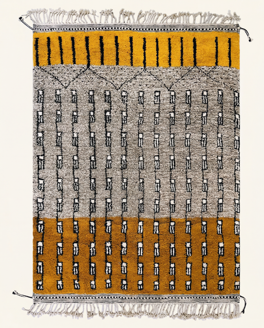 Plush mustard and oat Beni Ourain Moroccan rug with bold vertical geometric chains and a natural wool high pile, by NURA.