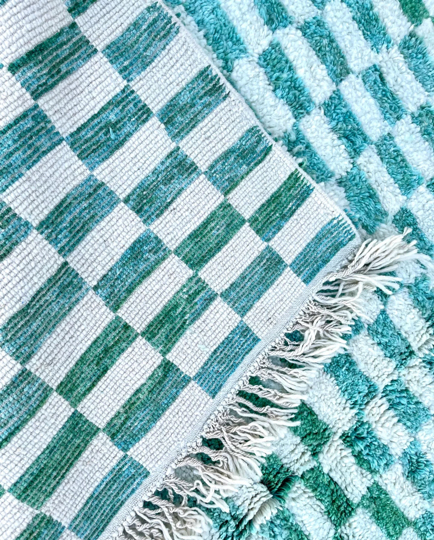 IBTISSAM Beni Ourain teal checker grid Moroccan rug back view showing traditional handwoven construction, by NURA