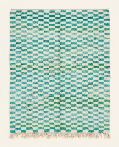 Plush cream and teal Beni Ourain Moroccan rug with a bold checker grid pattern and thick high pile, by NURA.