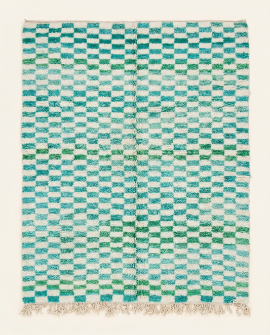 Plush cream and teal Beni Ourain Moroccan rug with a bold checker grid pattern and thick high pile, by NURA.