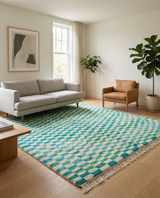Teal and cream checkered Moroccan rug in a bright, airy room with natural wood and rattan furniture, by NURA.