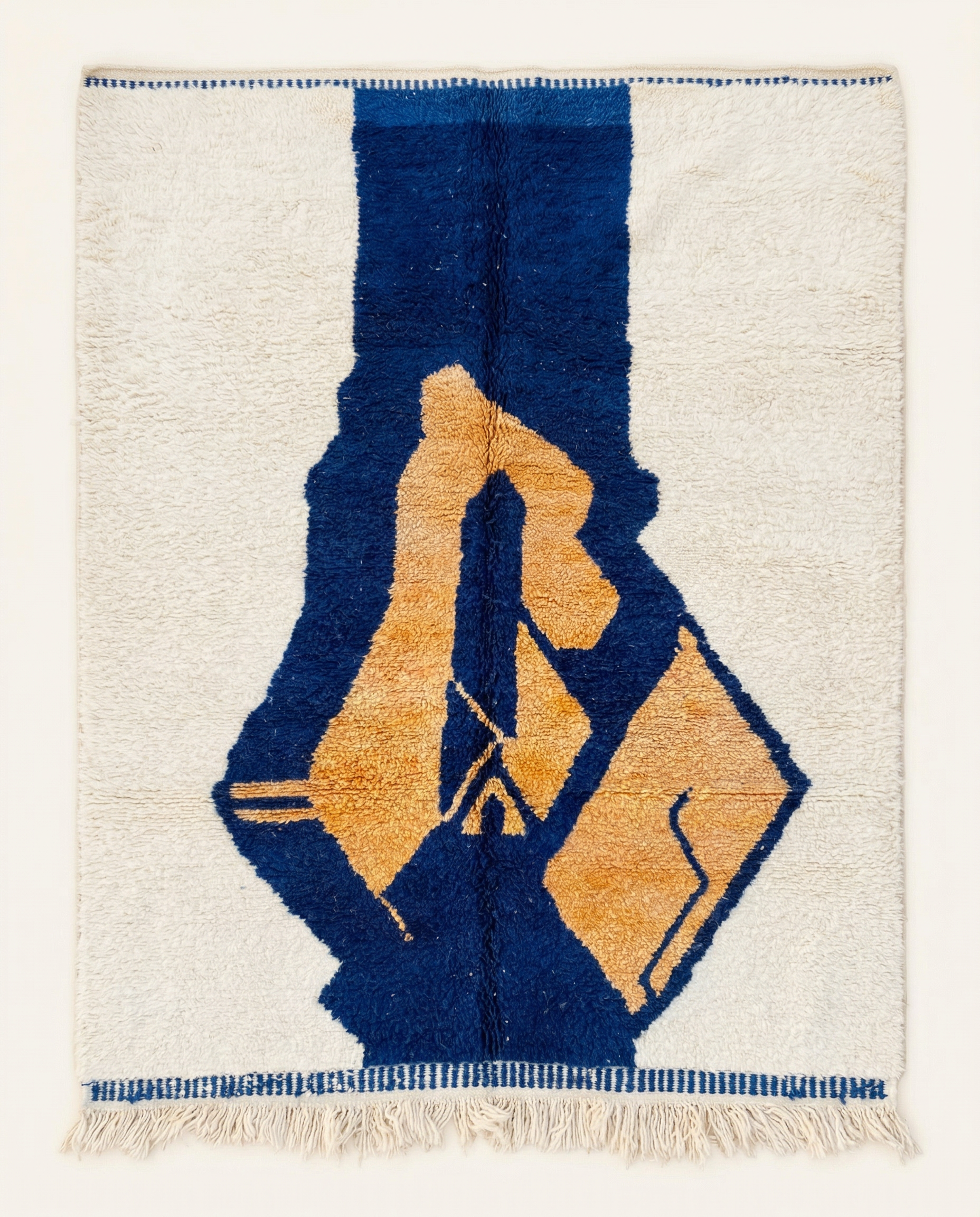 Plush ivory and cobalt blue Beni Ourain Moroccan rug with a bold amber abstract color block design and high pile, by NURA.
