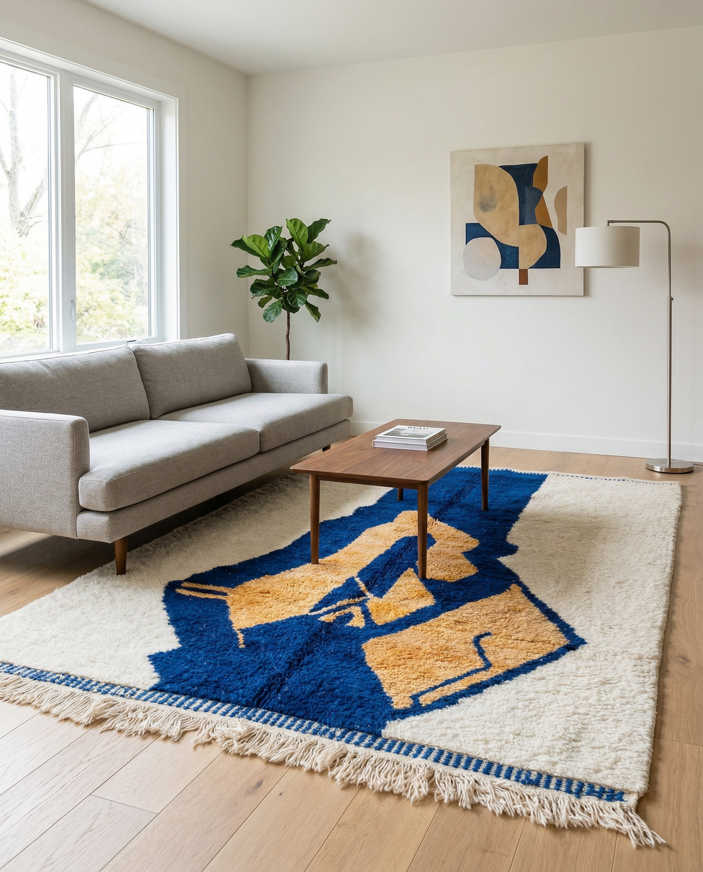 Cobalt blue and amber abstract Moroccan rug in a bright contemporary space with rattan chairs and natural light, by NURA.